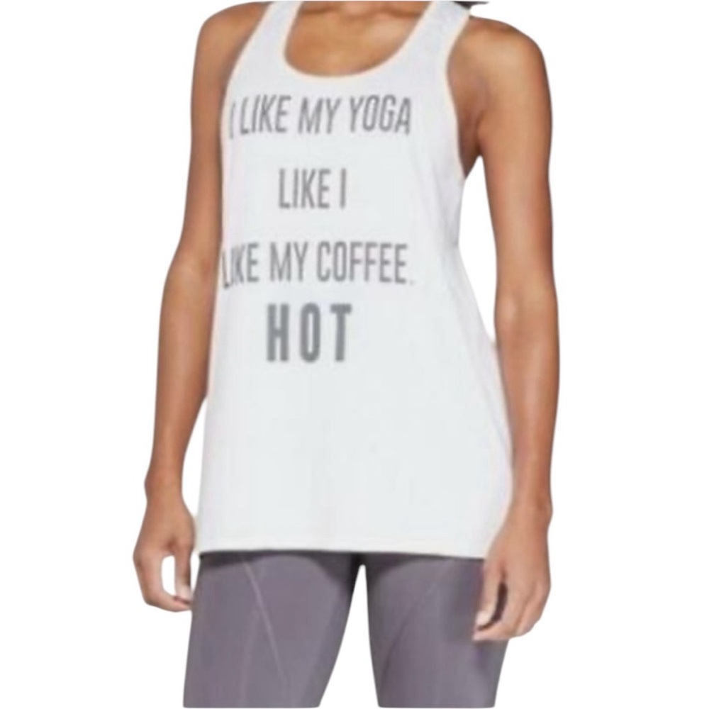 CHAMPION WHITE GRAPHIC TANK I LIKE MY YOGA HOT LIKE MY COFFEE S